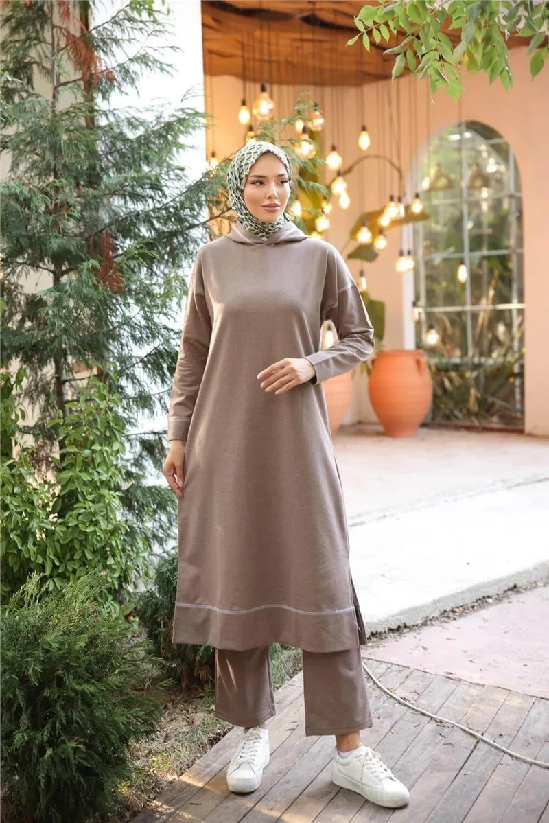 بي ويست Hooded Long Sweat Pants Double Hijab Tracksuit Set - 03082.016 - Mink