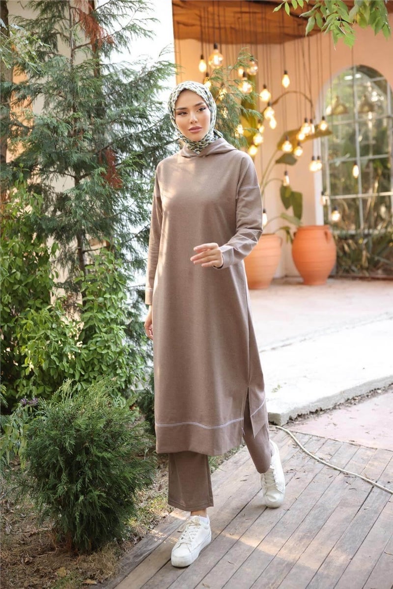 Bwest Hooded Long Sweat Pants Double Hijab Tracksuit Set - 03082.016 - Mink - Image 4