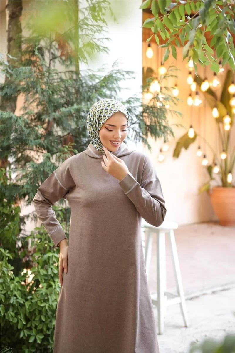 بي ويست Hooded Long Sweat Pants Double Hijab Tracksuit Set - 03082.016 - Mink