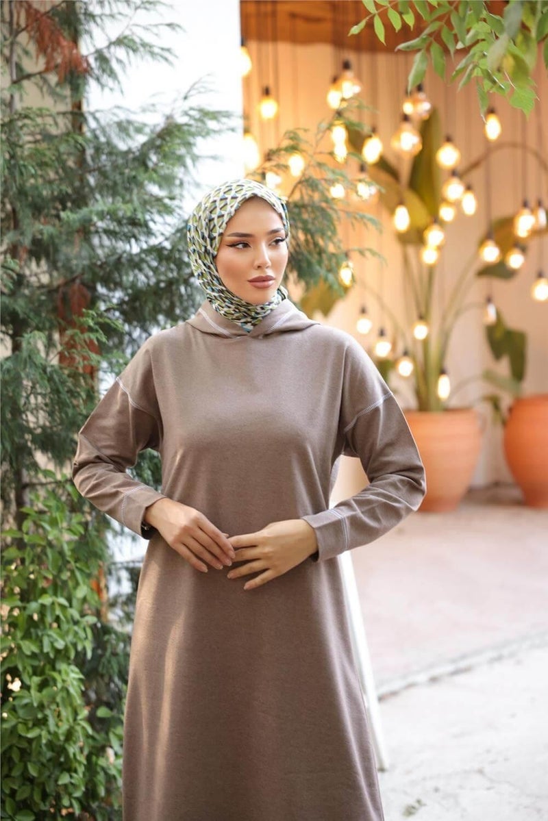 Bwest Hooded Long Sweat Pants Double Hijab Tracksuit Set - 03082.016 - Mink - Image 3