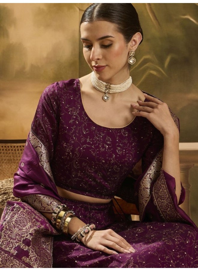 AKS Violet Color Chanderi Lehenga Choli With Gold print  - Image 3