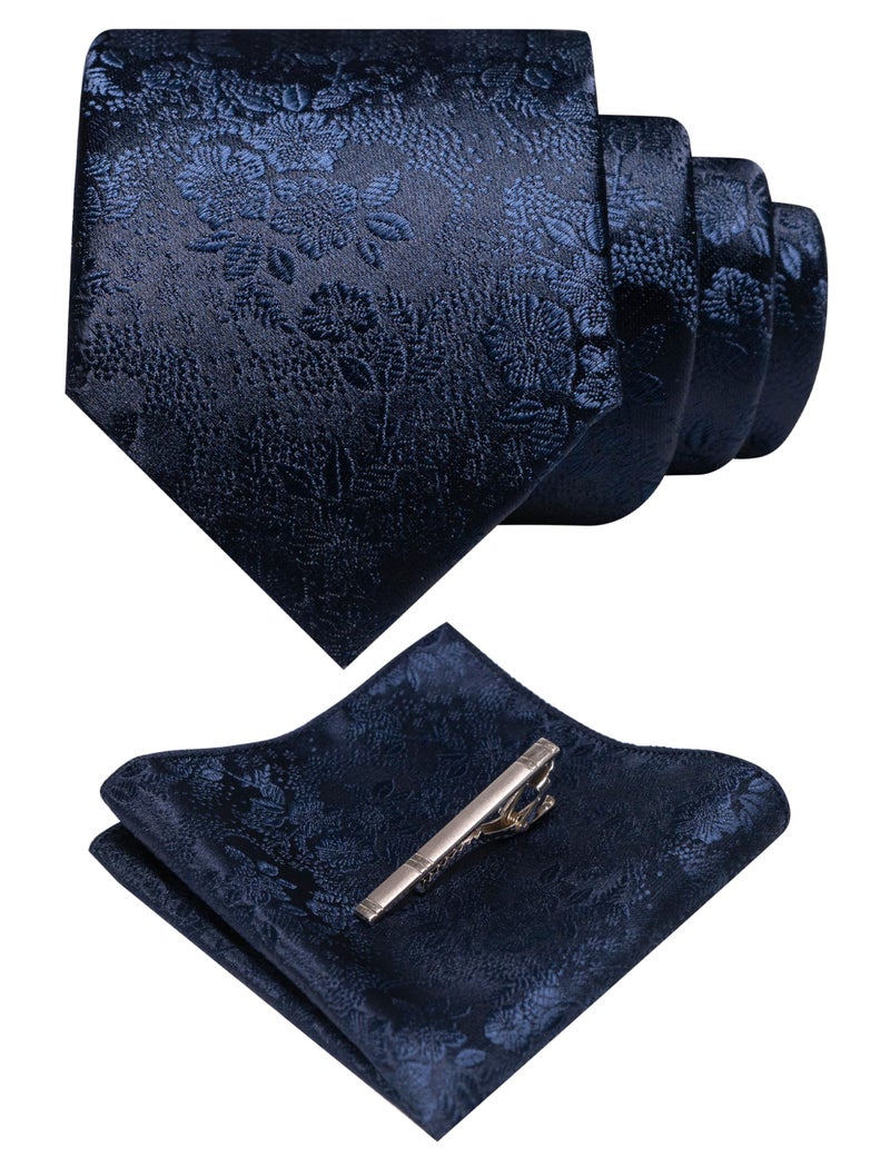 JEMYGINS Silk Navy Blue Floral Tie Necktie and Pocket Square, Hankerchief and Tie Bar Clip Sets for Men(54) - Image 1