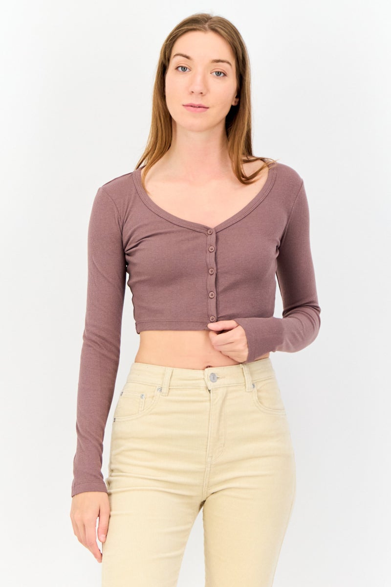 Pull & Bear Women V-Neck Long Sleeve Ribbed Top, Dark Taupe  - Image 1