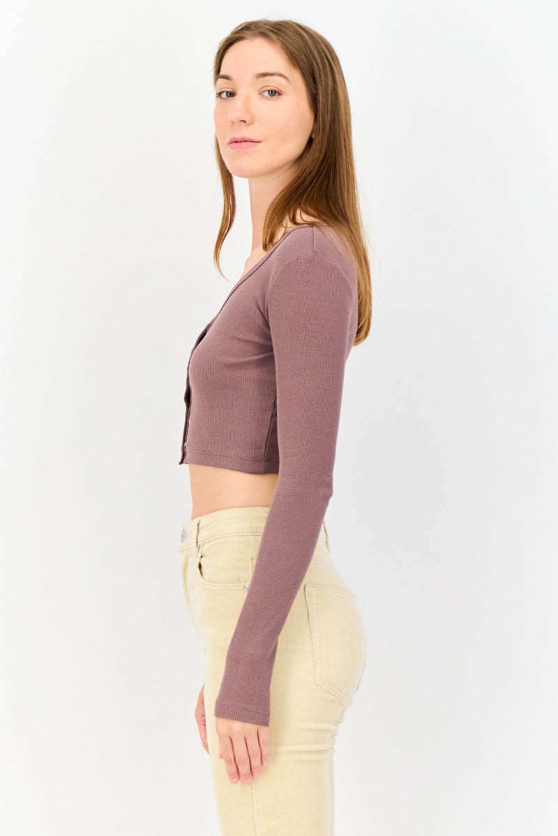 Pull & Bear Women V-Neck Long Sleeve Ribbed Top, Dark Taupe  - Image 2