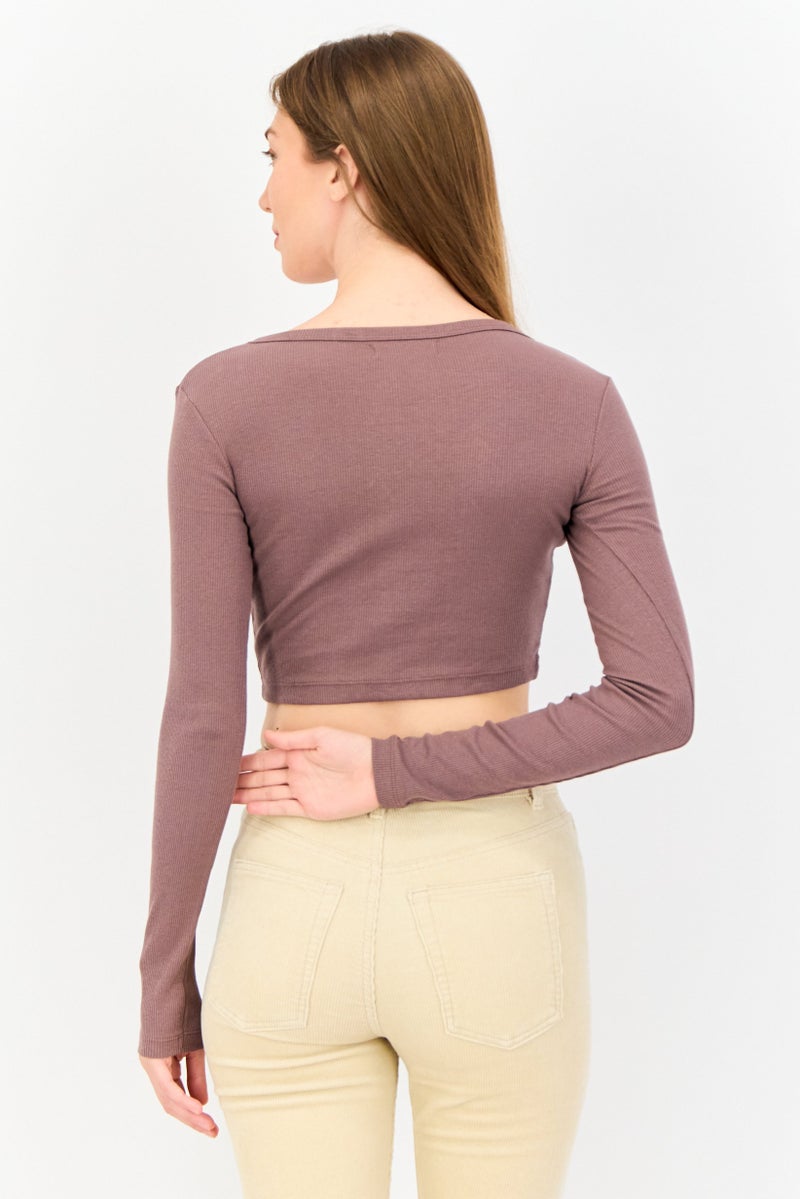 Pull & Bear Women V-Neck Long Sleeve Ribbed Top, Dark Taupe  - Image 3