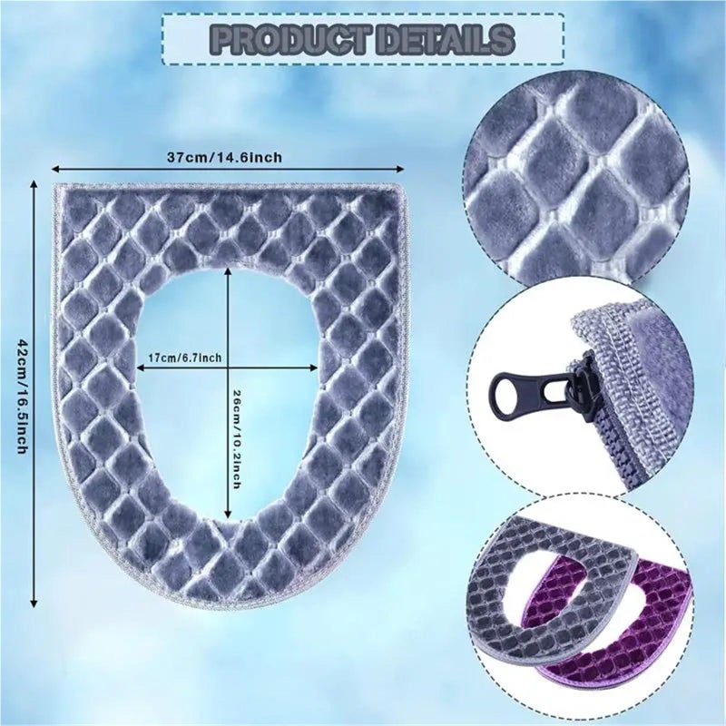 2Pcs Winter Toilet Seat Cover Plush Waterproof Universal Washable Zipper Bathroom Mat Gray - Image 3