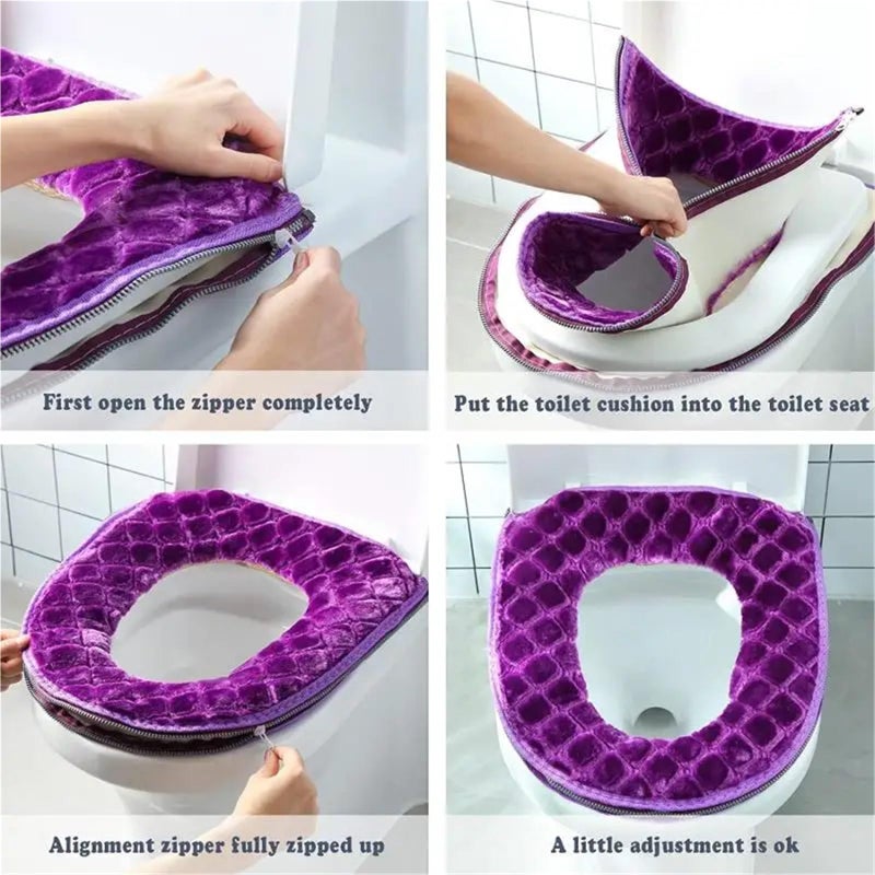 2Pcs Winter Toilet Seat Cover Plush Waterproof Universal Washable Zipper Bathroom Mat Gray - Image 4
