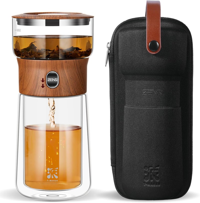 Zens Modern Glass Infuser Teapot, Smart One Touch Tea Maker for Loose Tea Diffusers with Insulated Mug and Portable Tea Kits, Enchanted Teapot Alternatives for Tea Lover Gifts - Image 1