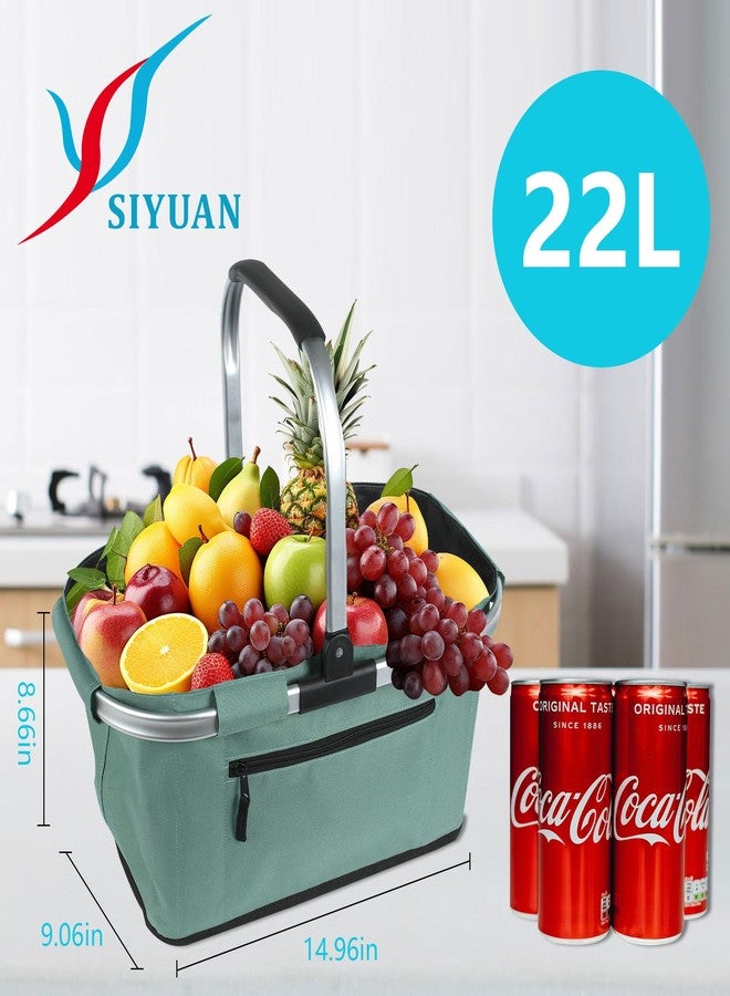 SIYUAN Picnic Basket, 22L Folding Shopping Basket Strong Aluminum Frame Camping Grocery Bags, Leak-Proof Travel Basket Easy Storage Market Basket,1 Pack,Green - Image 2