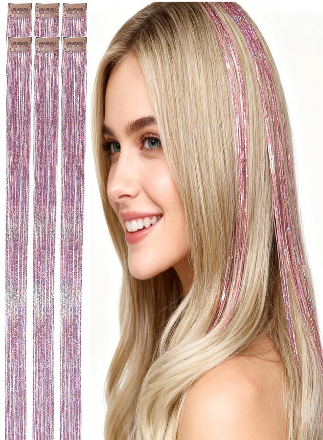 CelineBella Clip In Hair Tinsel Pink with Tools 80 Strands/Pcs Fairy Hair for New Year Halloween Cosplay Hair Sparkle for Kids Girls - Image 1