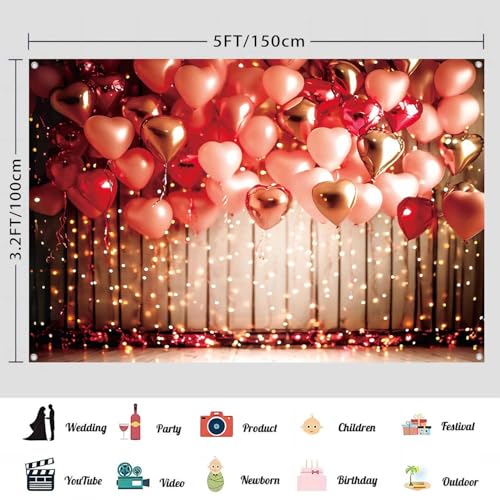 LDWLYW Valentine Day Photo Backdrop Happy Valentines Day Photography Background Red Love Heart Balloons Wall Banner Bridal Shower Engagement Wedding Party Decoratins Supplies 5x3ft - Image 3