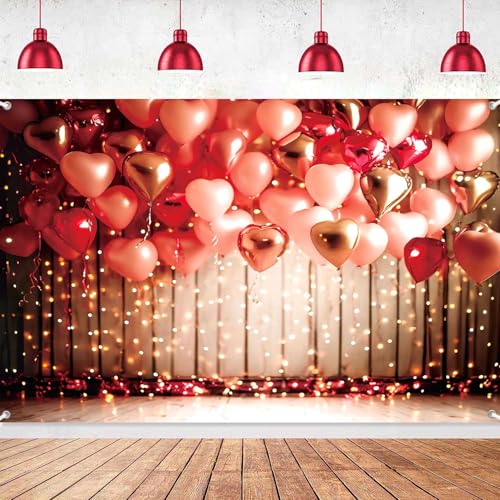 LDWLYW Valentine Day Photo Backdrop Happy Valentines Day Photography Background Red Love Heart Balloons Wall Banner Bridal Shower Engagement Wedding Party Decoratins Supplies 5x3ft - Image 1