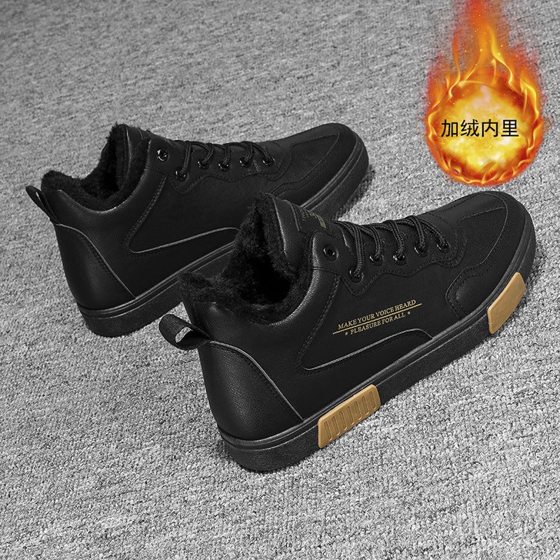 Mens Spring Breathable Casual Leather Sneakers 6633 black fleece-lined