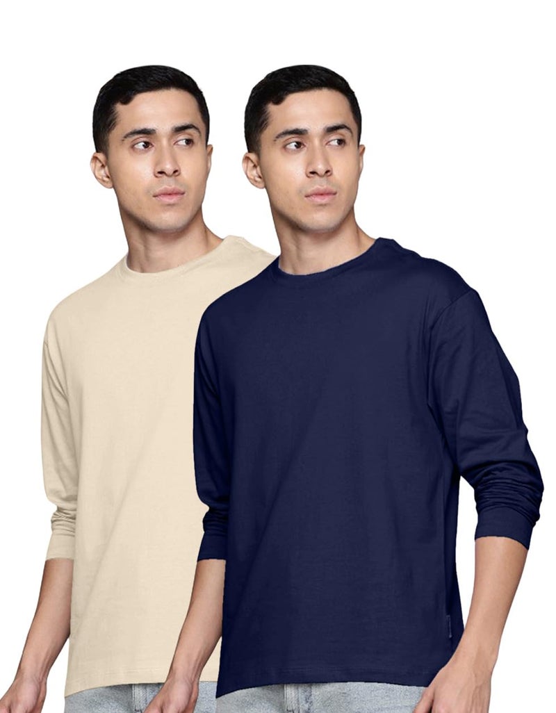 Veirdo® Pure Cotton Round Neck Regular Fit Solid Full Sleeve T-Shirt Combo for Men & Boys (PO2_V_FS_SW_NY_XL) - Image 1
