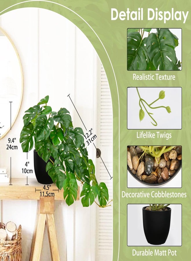 DILATATA Fake Plants Indoor 8 Inch Artificial Monstera Plant in Black Plastic Pot - Faux Potted Tropical Palm Plant for Home Aesthetic Decor Living Room Shelf Office - Image 2