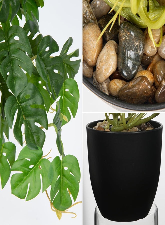 DILATATA Fake Plants Indoor 8 Inch Artificial Monstera Plant in Black Plastic Pot - Faux Potted Tropical Palm Plant for Home Aesthetic Decor Living Room Shelf Office - Image 3