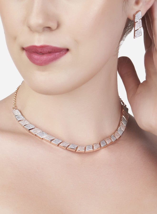 Ami Rose Gold Contemporary Party Bling Cubic Zirconia Necklace and Earring Set For Women-ZPFK19621 - Image 3