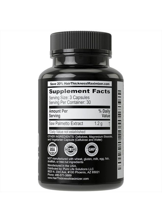 HAIR THICKNESS MAXIMIZER - Saw Palmetto for Women and Men Hair Loss. Extra Strength Vitamin Treatment Designed for Thicker, Stronger Hair Growth and Less Shedding. DHT Blocker Capsules Powder Supplement. 1200 mg 3 Pill Serving - Image 1