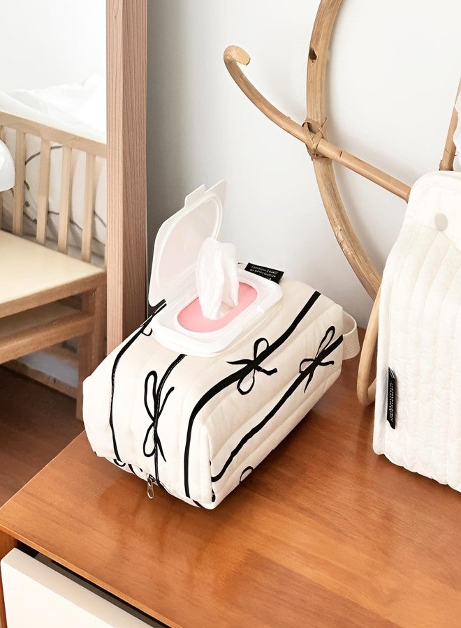 GadgetNova Reusable Bow Baby Wipes Dispenser - Portable Wet Tissue Storage Bag for Travel, Refillable Diaper Wipe Holder for Car and Stroller –Hanging Wet Wipe Pouch(White/Black) - Image 3