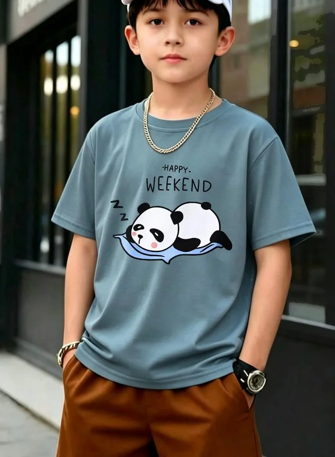 Take Two Kids Happy Weekend Panda Print Round Neck T-Shirt