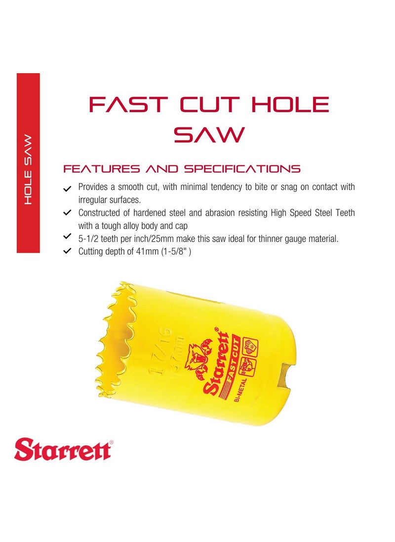 Starrett Starrett BiMetal Fast Cut Straight Pitch Hole Saw with Abrasion Resistant HSS Teeth  Ideal for Cutting Metal Steel and Wood  1716 37mm Diameter 158 41mm Depth  FCH0176G  - Image 2