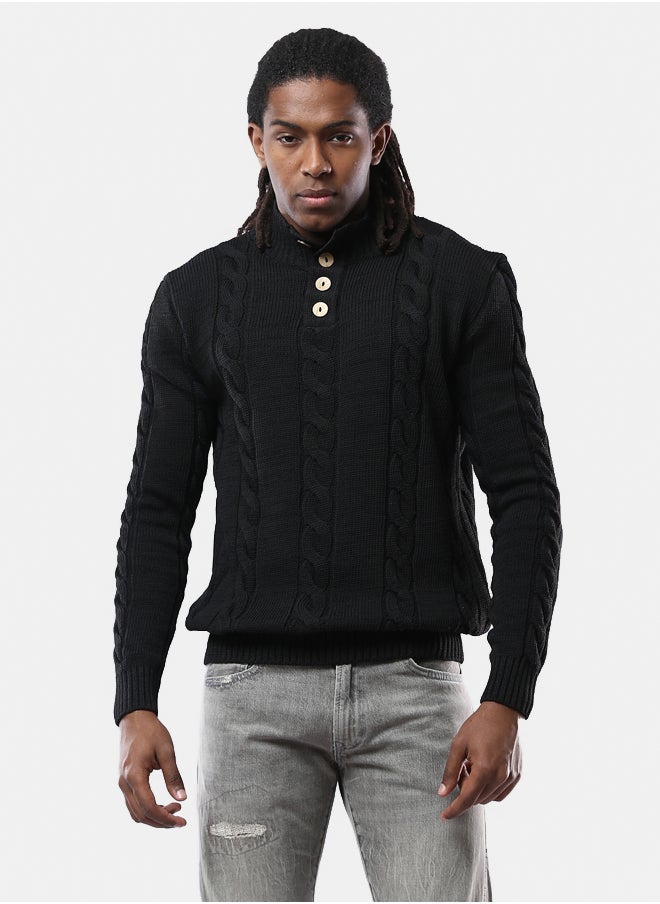 RAVIN Buttoned Neck Black Pullover with Ribbed Hem  - Image 1