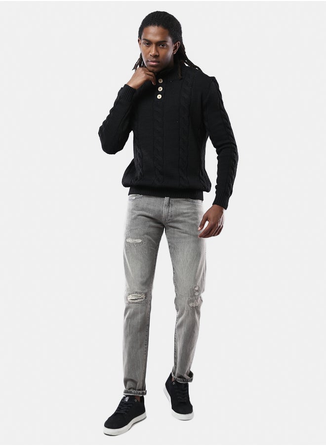 RAVIN Buttoned Neck Black Pullover with Ribbed Hem  - Image 2