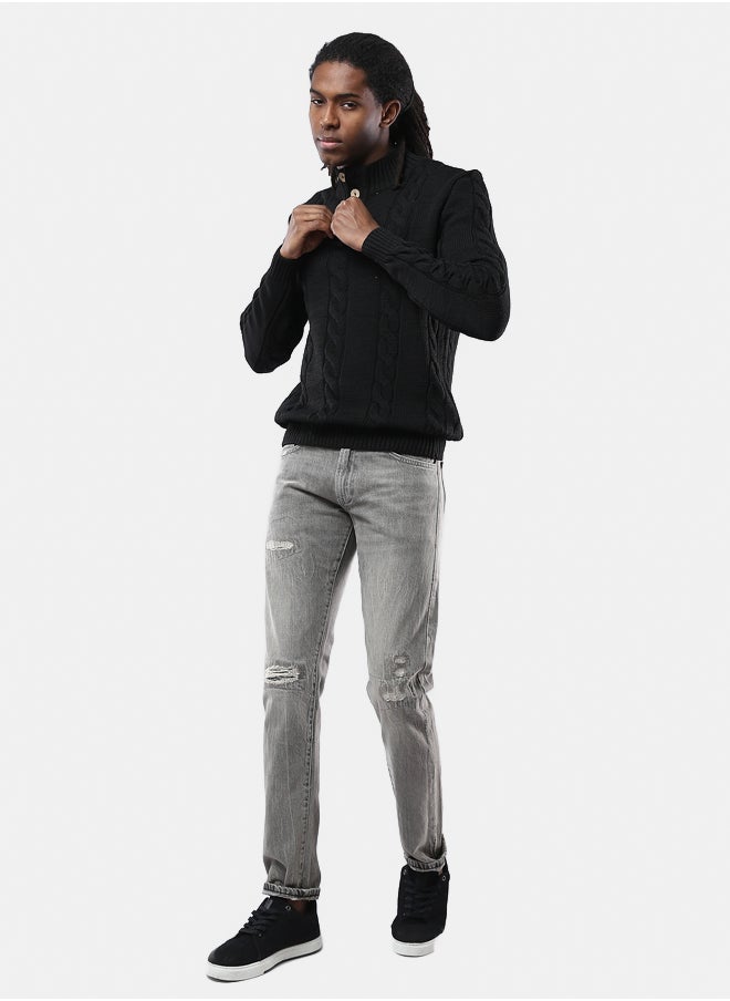 RAVIN Buttoned Neck Black Pullover with Ribbed Hem  - Image 3