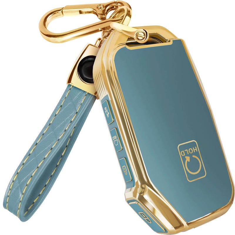 Lucrum for Kia Key Fob Cover and Leather Keychain - TPU Key Case for Kia Sportage, Soul, Forte, Telluride, EV6, Niro, K5, Stinger - 2018-2023 Keyfob Cover - Blue and Gold - Image 1