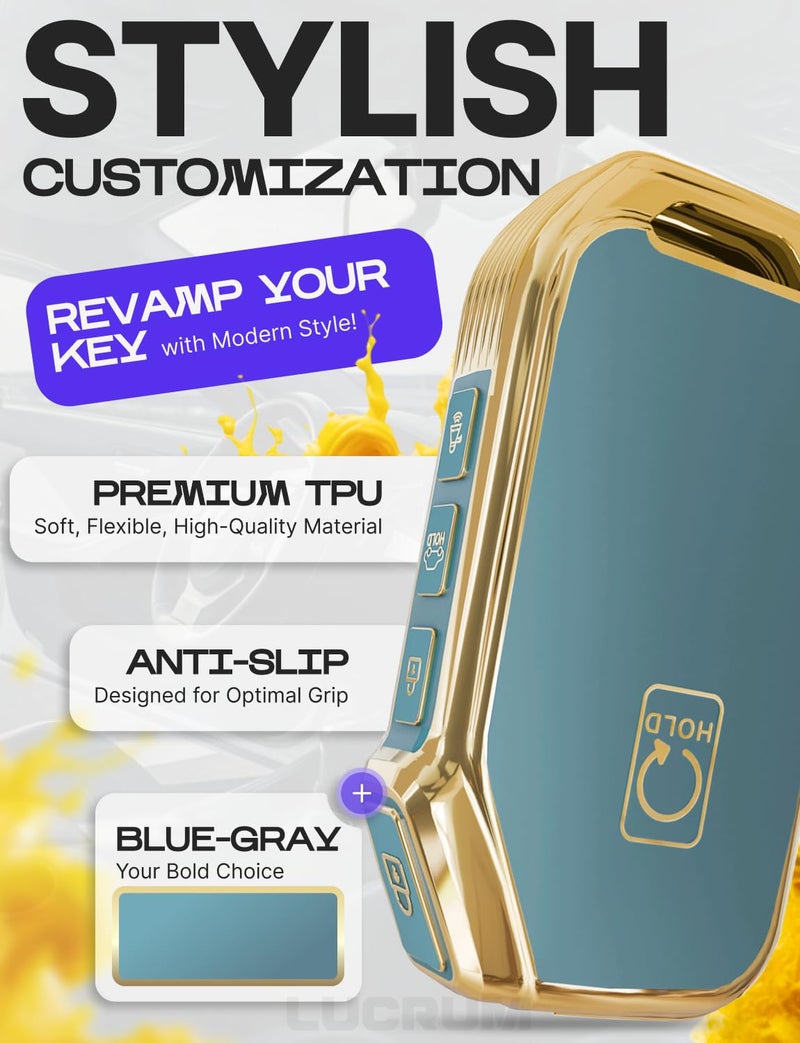 Lucrum for Kia Key Fob Cover and Leather Keychain - TPU Key Case for Kia Sportage, Soul, Forte, Telluride, EV6, Niro, K5, Stinger - 2018-2023 Keyfob Cover - Blue and Gold - Image 3