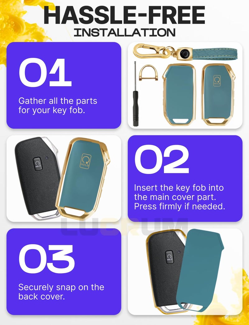 Lucrum for Kia Key Fob Cover and Leather Keychain - TPU Key Case for Kia Sportage, Soul, Forte, Telluride, EV6, Niro, K5, Stinger - 2018-2023 Keyfob Cover - Blue and Gold - Image 5
