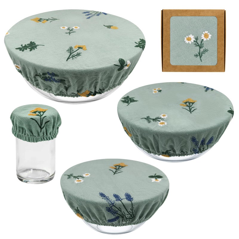 Lospara Reusable Bowl Covers (Set of 4) - Breathable Cotton Linen Sourdough Accessories - Elastic Durable Fabric Food Lids for Proofing Baskets & Bread Baking Supplies (Sage Green) - Image 1