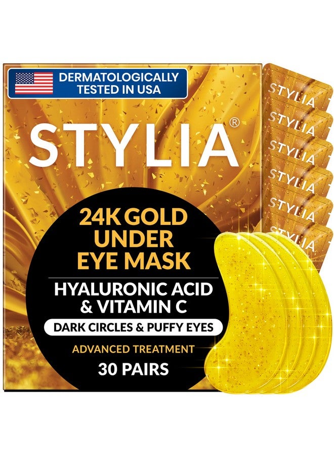 Stylia Under Eye Patches for Dark Circles and Puffy Eyes (30 Pairs), 24k Gold Eye Mask for Dark Circles and Puffiness, Vitamin C, Hyaluronic Acid, Pearl Extract, Collagen Eye Gel Pads for Puffiness - Image 1