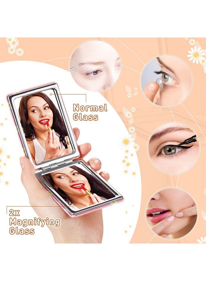 Qunclay 4 Pieces Pocket Mirrors Compact Mirror Purse Mini Mirror Travel Makeup Daisy Cute Handheld Birthday Graduation Gift Folding Pocket Mirror Portable Beauty Magnifying Pu Leather Mirror For Girls  - Image 4