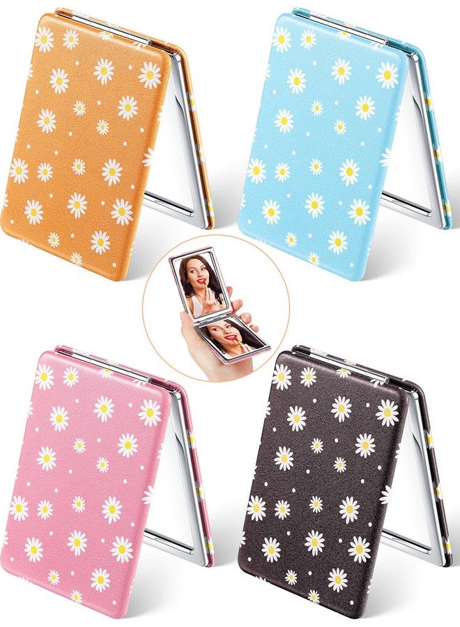 Qunclay 4 Pieces Pocket Mirrors Compact Mirror Purse Mini Mirror Travel Makeup Daisy Cute Handheld Birthday Graduation Gift Folding Pocket Mirror Portable Beauty Magnifying Pu Leather Mirror For Girls  - Image 1