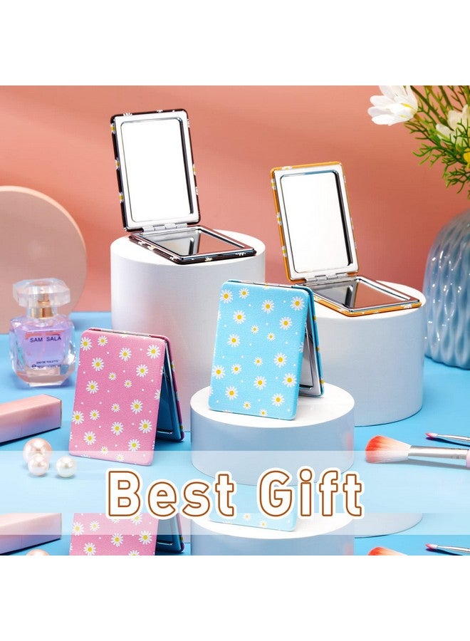 Qunclay 4 Pieces Pocket Mirrors Compact Mirror Purse Mini Mirror Travel Makeup Daisy Cute Handheld Birthday Graduation Gift Folding Pocket Mirror Portable Beauty Magnifying Pu Leather Mirror For Girls  - Image 3