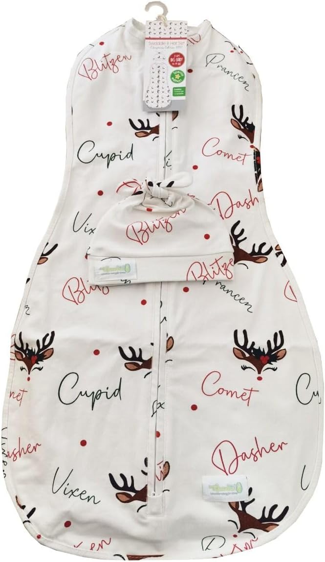 Woombie Original Baby Swaddling Blanket and Hat Set  Soothing Cotton Sleep Sack  Wearable Blanket Christmas Reindeer 513lbs - Image 1