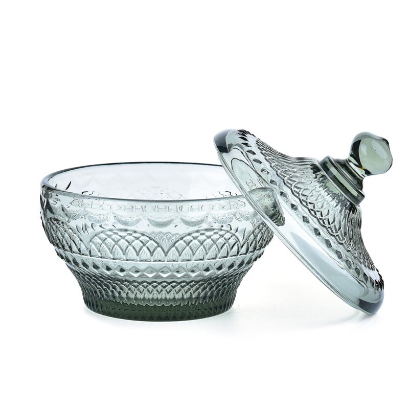 Sungmor Vintage Embossed Glass Candy Storage Jars w/Lid, Small Decorative Colorful Candy Dishes Grey Cookie Container, Pretty Covered Bowls for Chocolate Dessert Icecream Buffet - Image 1
