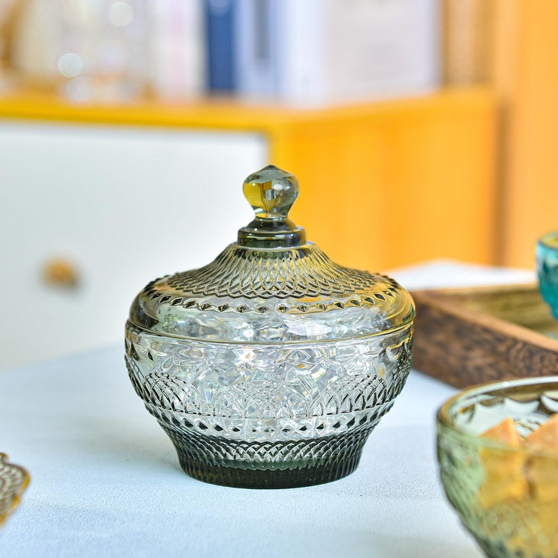 Sungmor Vintage Embossed Glass Candy Storage Jars w/Lid, Small Decorative Colorful Candy Dishes Grey Cookie Container, Pretty Covered Bowls for Chocolate Dessert Icecream Buffet - Image 2