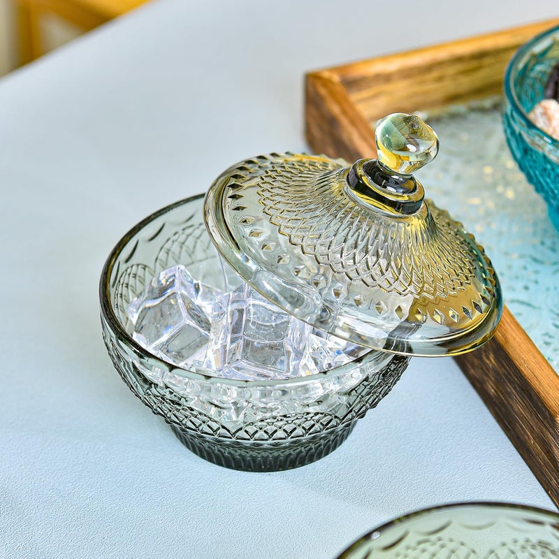 Sungmor Vintage Embossed Glass Candy Storage Jars w/Lid, Small Decorative Colorful Candy Dishes Grey Cookie Container, Pretty Covered Bowls for Chocolate Dessert Icecream Buffet - Image 3