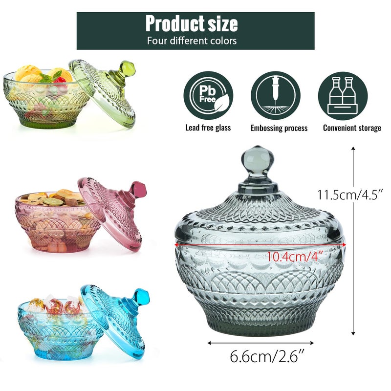 Sungmor Vintage Embossed Glass Candy Storage Jars w/Lid, Small Decorative Colorful Candy Dishes Grey Cookie Container, Pretty Covered Bowls for Chocolate Dessert Icecream Buffet - Image 5