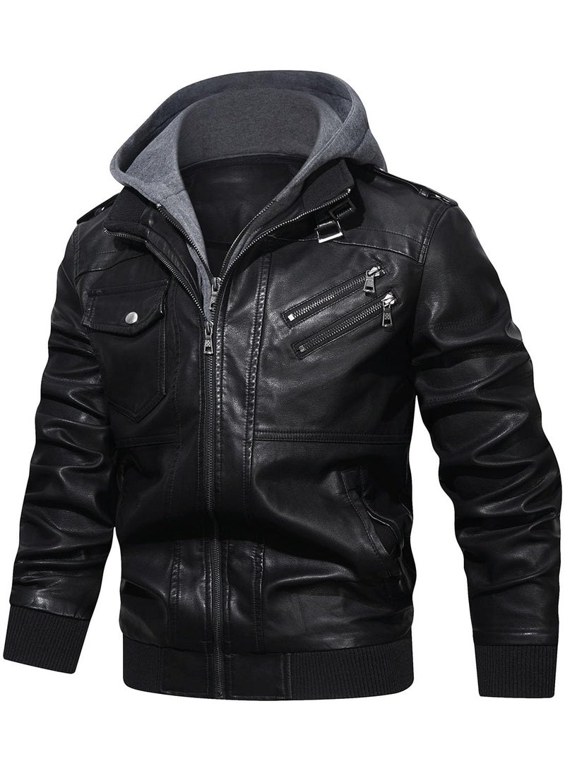 HOOD CREW HOOD CREW Men’s Casual Stand Collar PU Faux Leather Zip-Up Motorcycle Bomber Jacket With a Removable Hood - Image 2