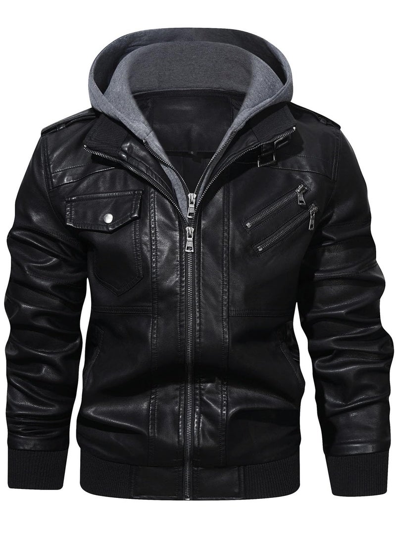 HOOD CREW HOOD CREW Men’s Casual Stand Collar PU Faux Leather Zip-Up Motorcycle Bomber Jacket With a Removable Hood - Image 1