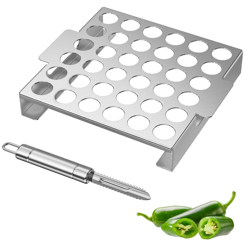 Skyflame Jalapeno Grill Rack with Handle and Chili Pepper Corer Tool - Large 36 Holes Capacity Stainless Steel Drumstick Chicken Wings Roaster for BBQ Smoker and Oven - Image 1