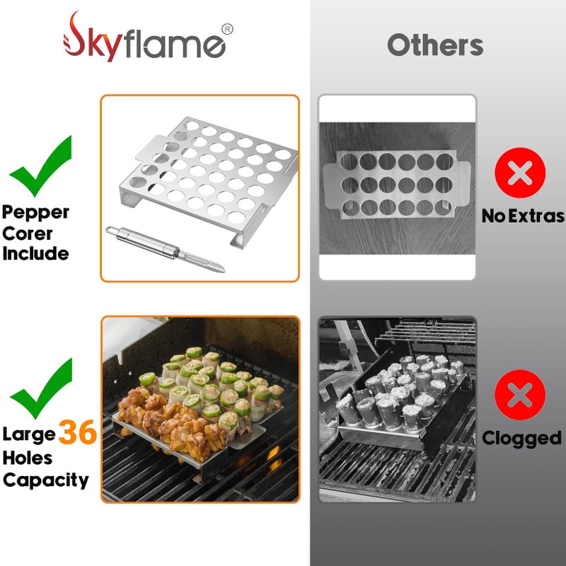 Skyflame Jalapeno Grill Rack with Handle and Chili Pepper Corer Tool - Large 36 Holes Capacity Stainless Steel Drumstick Chicken Wings Roaster for BBQ Smoker and Oven - Image 3
