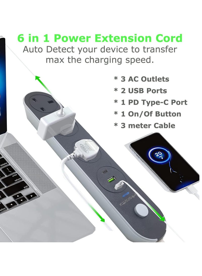 3 m Power Extension Socket Protector - 3 Wide Sockets with 2 USB-A Ports and 1 USB Type C Port, Flat Plug, Wall Mount, USB Charging Station for Office, Ideal for All Electronic Devices, Black - Image 2
