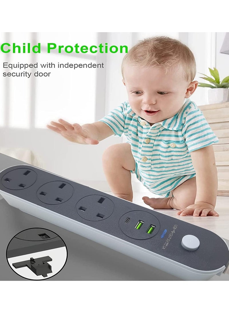 3 m Power Extension Socket Protector - 3 Wide Sockets with 2 USB-A Ports and 1 USB Type C Port, Flat Plug, Wall Mount, USB Charging Station for Office, Ideal for All Electronic Devices, Black - Image 3