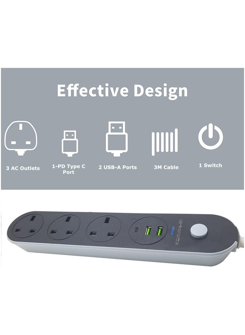 3 m Power Extension Socket Protector - 3 Wide Sockets with 2 USB-A Ports and 1 USB Type C Port, Flat Plug, Wall Mount, USB Charging Station for Office, Ideal for All Electronic Devices, Black - Image 1