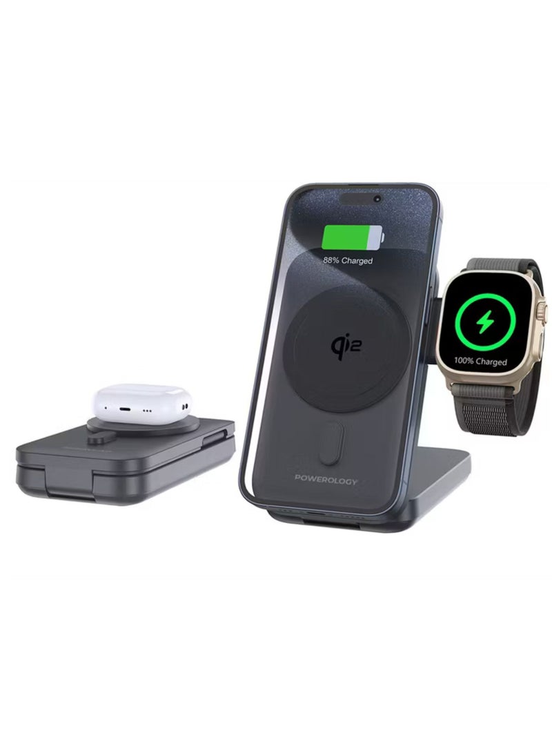 باورولوجي باور بانك وشاحن ساعة ماج سيف 10000 مللي أمبير/ساعة مع PD 15 وات، معتمد من Qi2، متوافق مع iWatch وAirpods، حامل قابل للطي - أسود - Image 4