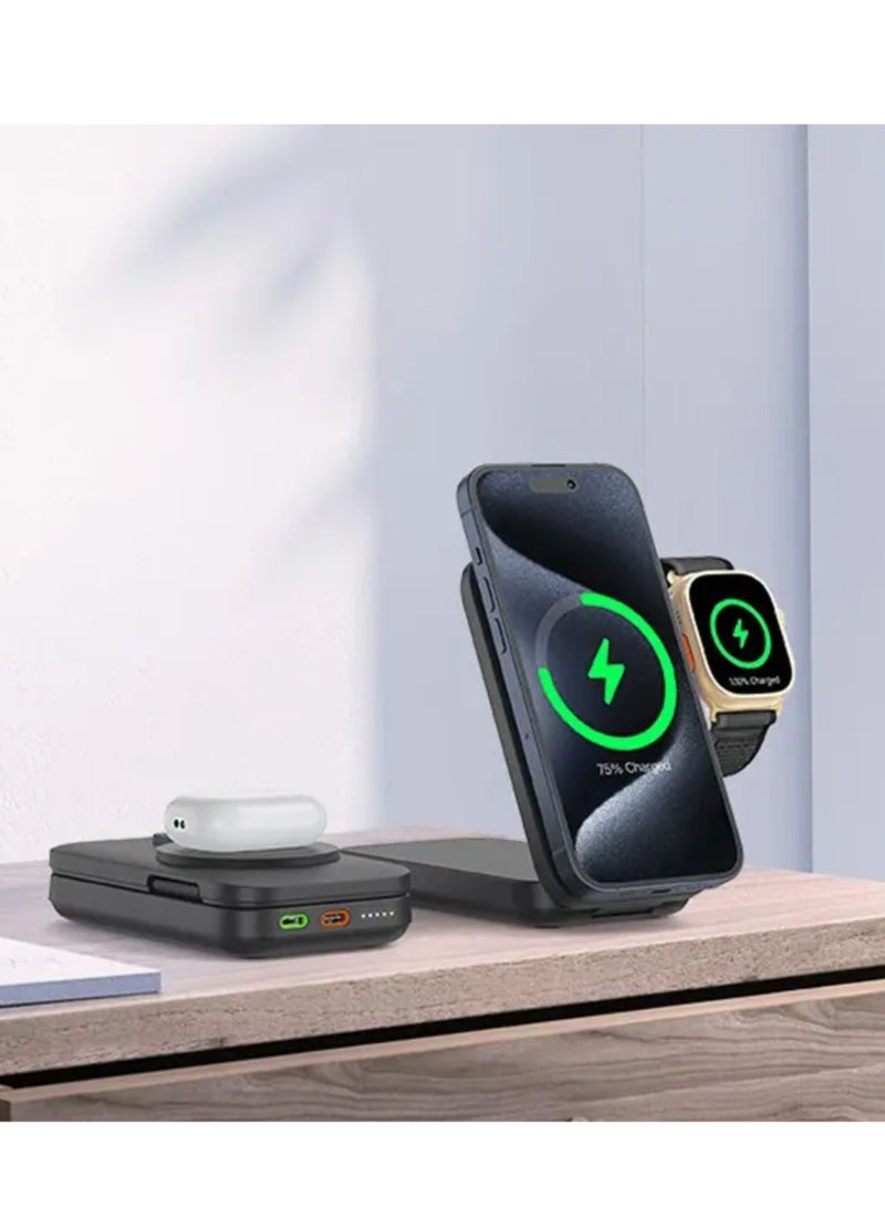 باورولوجي باور بانك وشاحن ساعة ماج سيف 10000 مللي أمبير/ساعة مع PD 15 وات، معتمد من Qi2، متوافق مع iWatch وAirpods، حامل قابل للطي - أسود - Image 5